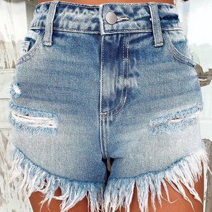 Dark Frayed Tassel Ripped High Waist Denim Shorts